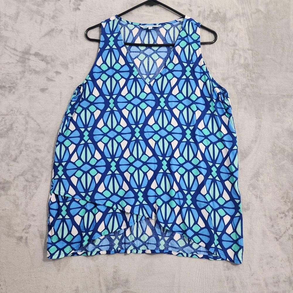Escapada Living Top Womens L Blue White Geometric V-Neck Sleeveless Tunic Tank